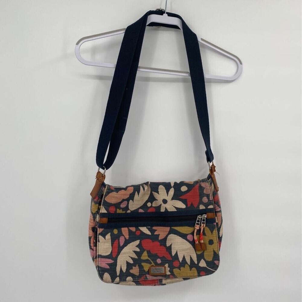Fossil Crossbody Messenger Bag Blue Red Floral Zip Pockets Adjustable Strap L